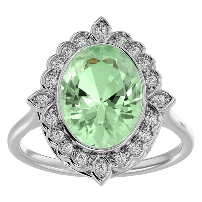 1 1/4 Carat Oval Shape Green Amethyst and Halo Diamond Ring In 14 Karat White Gold