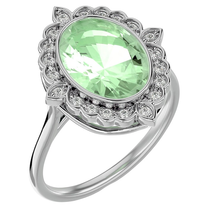 1 1/4 Carat Oval Shape Green Amethyst and Halo Diamond Ring In 14 Karat White Gold