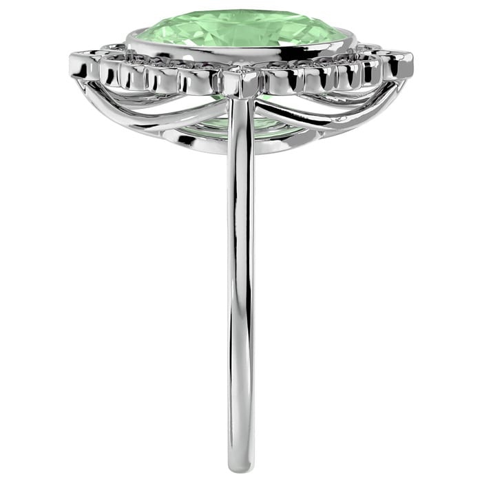 1 1/4 Carat Oval Shape Green Amethyst and Halo Diamond Ring In 14 Karat White Gold