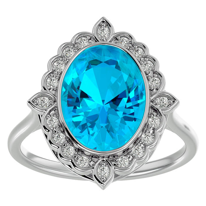 1 3/4 Carat Oval Shape Blue Topaz and Halo Diamond Ring In 14 Karat White Gold
