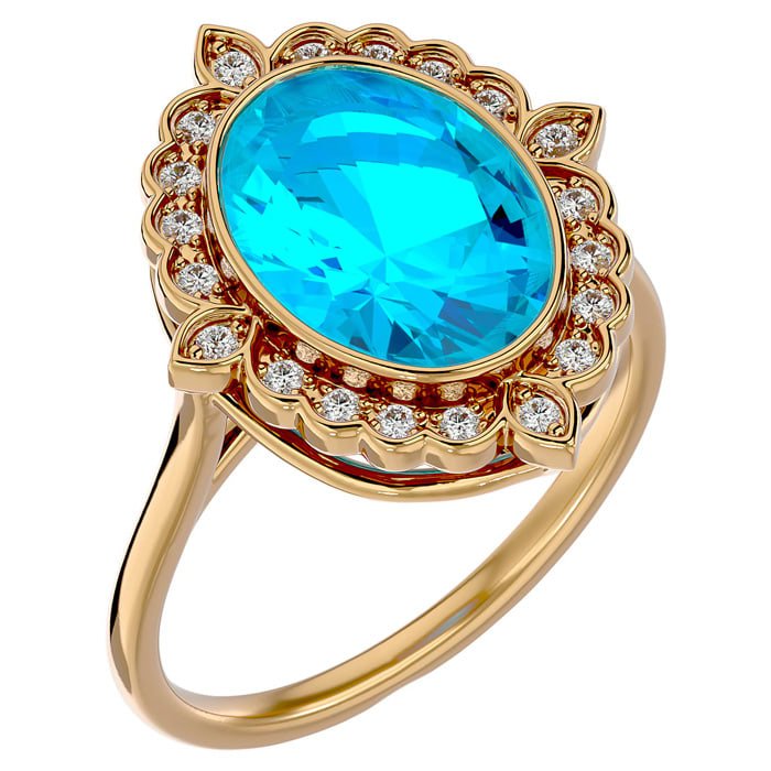 1 3/4 Carat Oval Shape Blue Topaz and Halo Diamond Ring In 14 Karat Yellow Gold