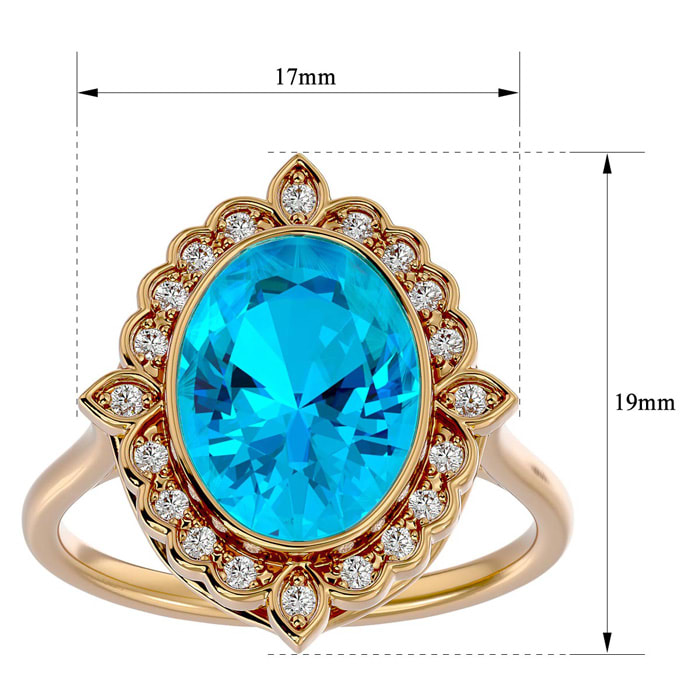 1 3/4 Carat Oval Shape Blue Topaz and Halo Diamond Ring In 14 Karat Yellow Gold
