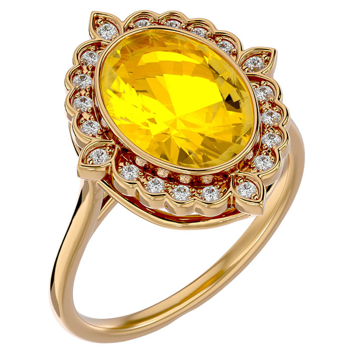 1 1/4 Carat Oval Shape Citrine and Halo Diamond Ring In 14 Karat Yellow Gold