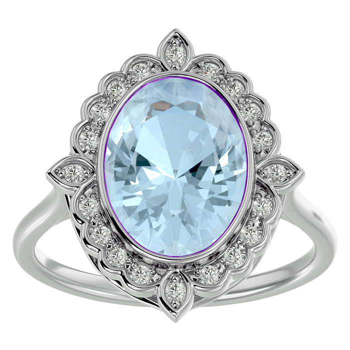 Aquamarine Ring: Aquamarine Jewelry: 1 1/3 Carat Oval Shape Aquamarine and Halo Diamond Ring In 14 Karat White Gold