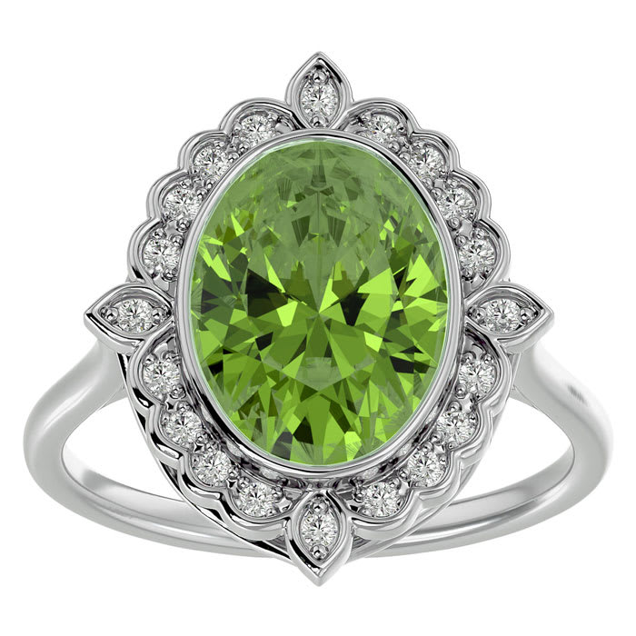 1 1/2 Carat Oval Shape Peridot and Halo Diamond Ring In 14 Karat White Gold