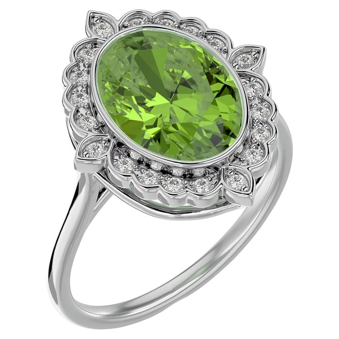 1 1/2 Carat Oval Shape Peridot and Halo Diamond Ring In 14 Karat White Gold