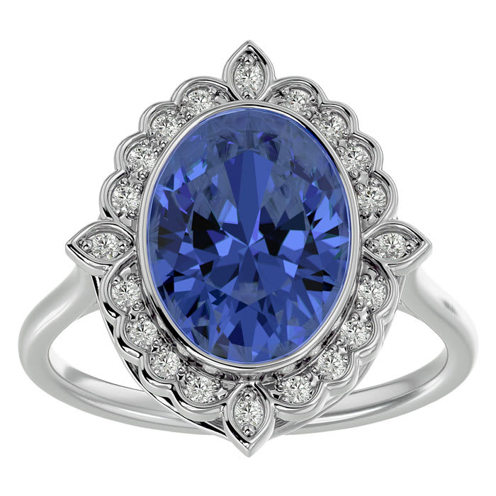 1 1/2 Carat Oval Shape Tanzanite and Halo Diamond Ring In 14 Karat White Gold