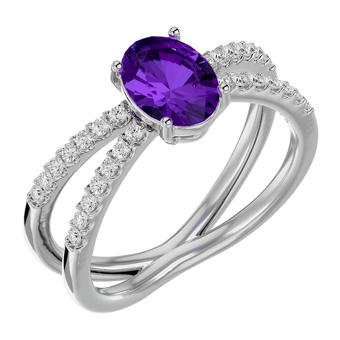 1 1/3 Carat Oval Shape Amethyst and Diamond Ring In 14 Karat White Gold