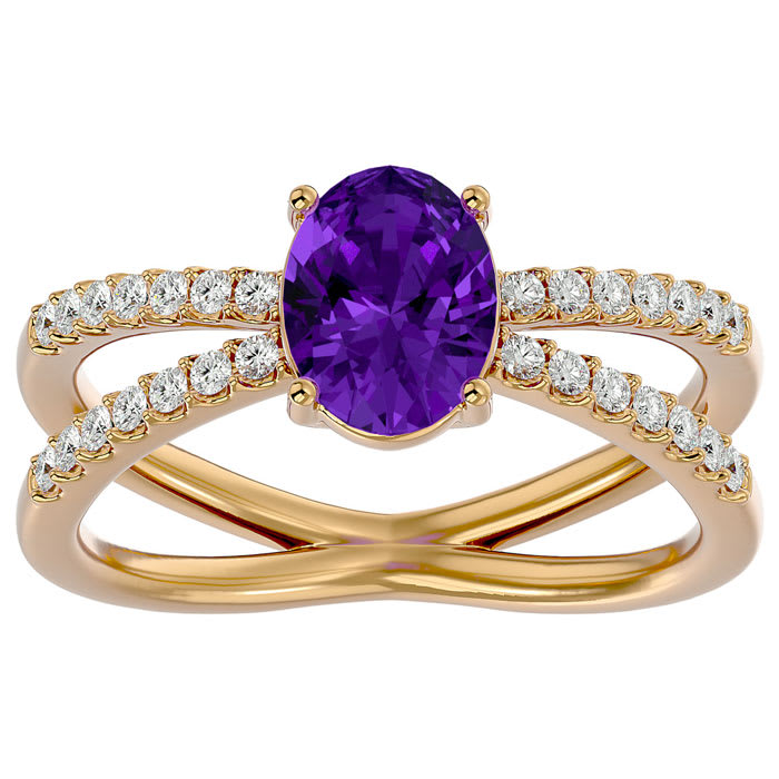 1 1/3 Carat Oval Shape Amethyst and Diamond Ring In 14 Karat Yellow Gold