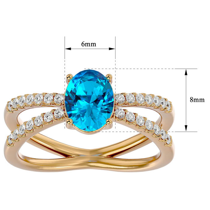1 3/4 Carat Oval Shape Blue Topaz and Diamond Ring In 14 Karat Yellow Gold