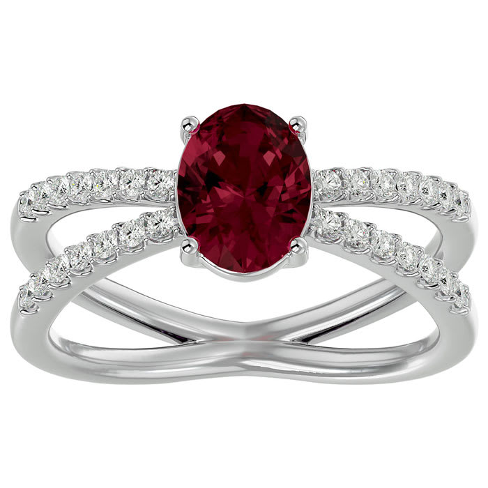 Garnet Ring: Garnet Jewelry: 1 3/4 Carat Oval Shape Garnet and Diamond Ring In 14 Karat White Gold