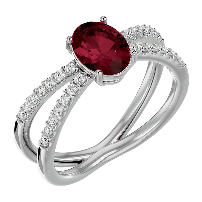 Garnet Ring: Garnet Jewelry: 1 3/4 Carat Oval Shape Garnet and Diamond Ring In 14 Karat White Gold