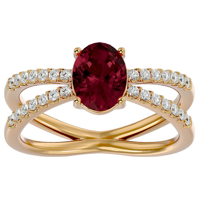 Garnet Ring: Garnet Jewelry: 1 3/4 Carat Oval Shape Garnet and Diamond Ring In 14 Karat Yellow Gold