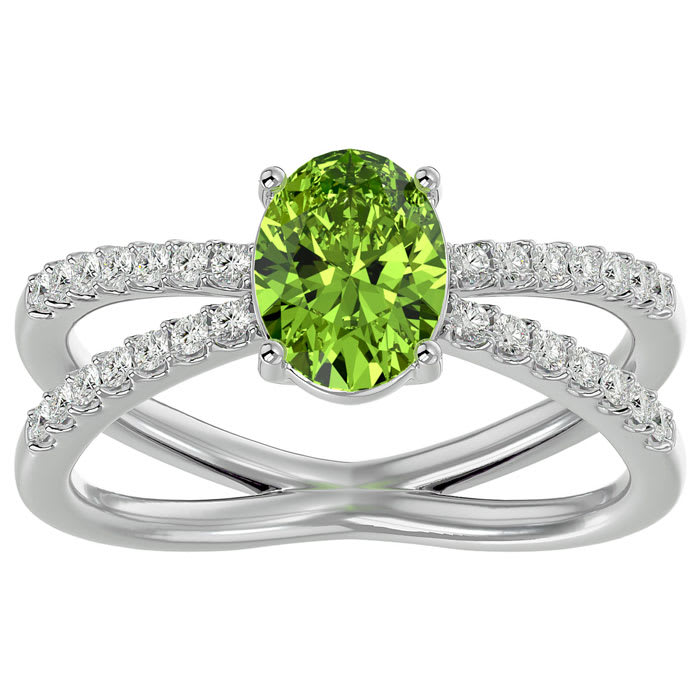 1.60 Carat Oval Shape Peridot and Diamond Ring In 14 Karat White Gold
