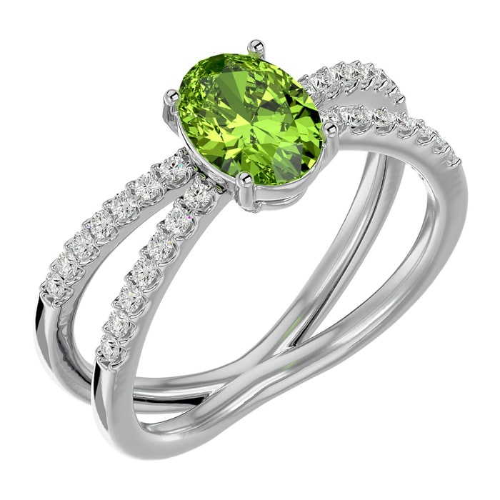1.60 Carat Oval Shape Peridot and Diamond Ring In 14 Karat White Gold