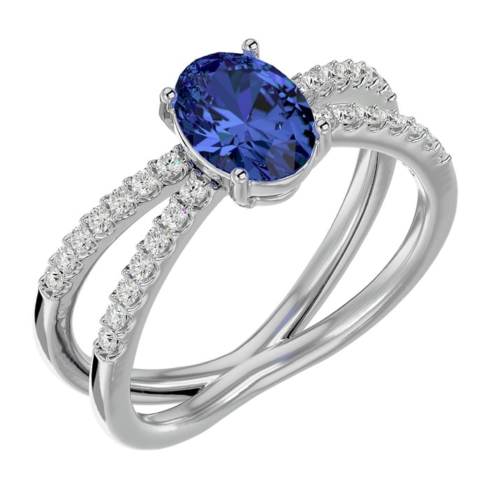 1 1/2 Carat Oval Shape Tanzanite and Diamond Ring In 14 Karat White Gold