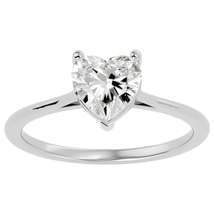 Moissanite Engagement Ring; 1 Carat Heart Shape Moissanite Solitaire Engagement Ring In 14 Karat White Gold