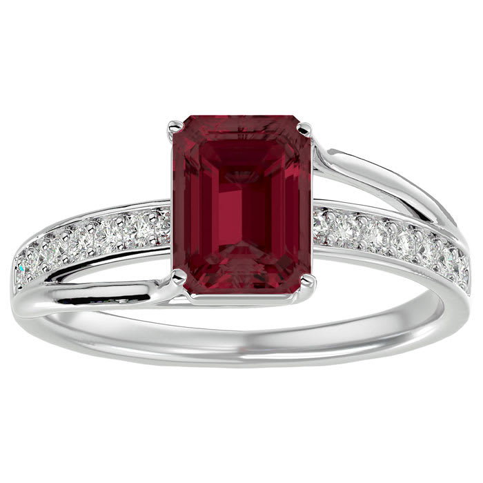 Garnet Ring: Garnet Jewelry: 2 Carat Emerald Shape Garnet and Diamond Ring In 14 Karat White Gold