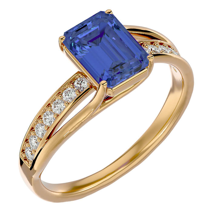 2 Carat Emerald Shape Tanzanite and Diamond Ring In 14 Karat Yellow Gold