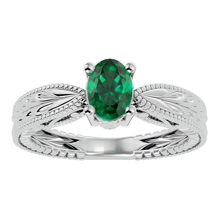 3/4 Carat Oval Shape Emerald Ring With Tapered Etched Band In 14 Karat White Gold