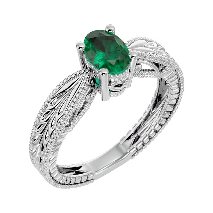 3/4 Carat Oval Shape Emerald Ring With Tapered Etched Band In 14 Karat White Gold