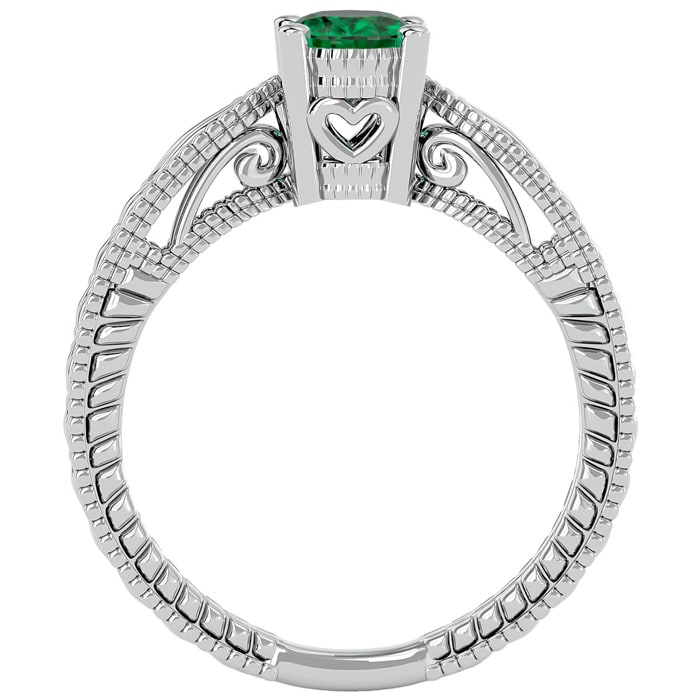 3/4 Carat Oval Shape Emerald Ring With Tapered Etched Band In 14 Karat White Gold