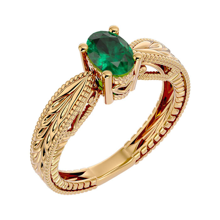 3/4 Carat Oval Shape Emerald Ring With Tapered Etched Band In 14 Karat Yellow Gold