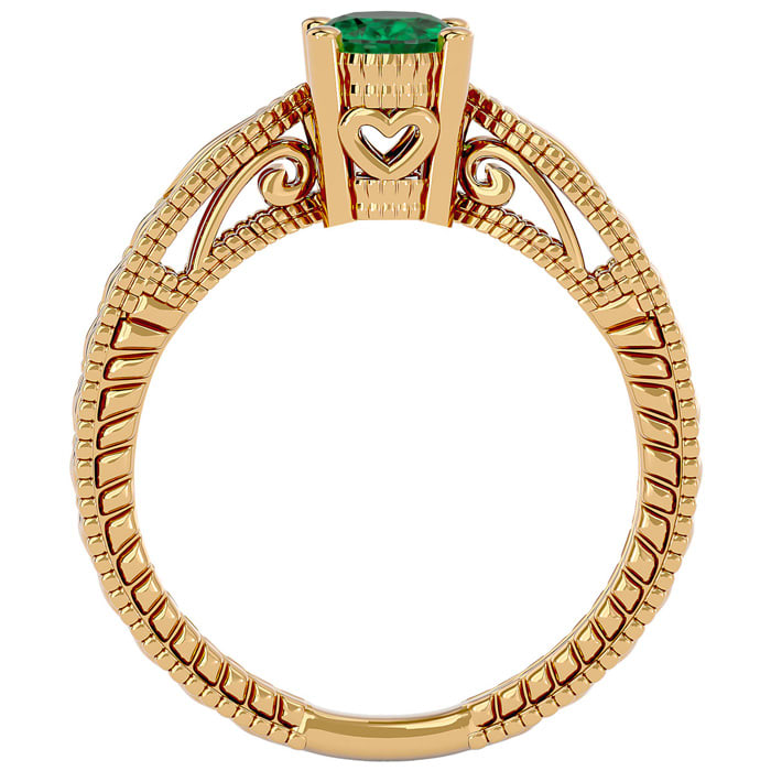 3/4 Carat Oval Shape Emerald Ring With Tapered Etched Band In 14 Karat Yellow Gold