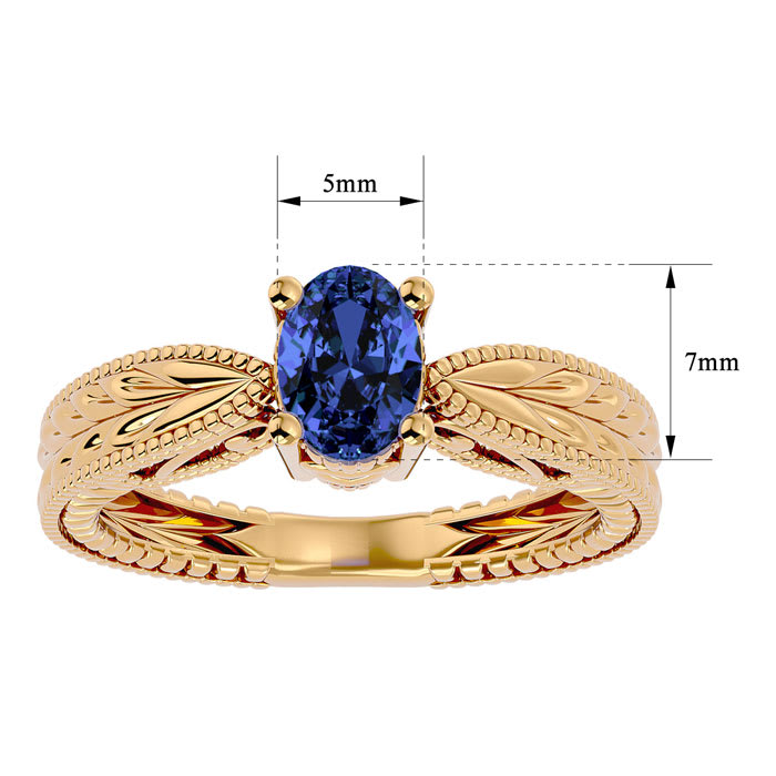 1 Carat Oval Shape Tanzanite Ring With Tapered Etched Band In 14 Karat Yellow Gold