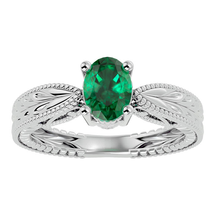 1 Carat Oval Shape Emerald Ring With Tapered Etched Band In 14 Karat White Gold