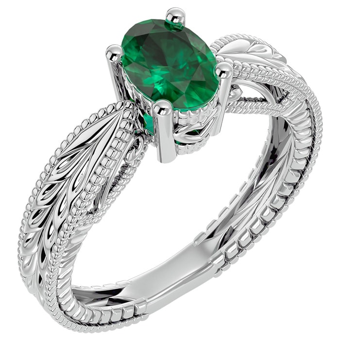 1 Carat Oval Shape Emerald Ring With Tapered Etched Band In 14 Karat White Gold