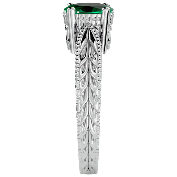 1 Carat Oval Shape Emerald Ring With Tapered Etched Band In 14 Karat White Gold