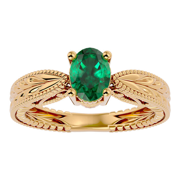 1 Carat Oval Shape Emerald Ring With Tapered Etched Band In 14 Karat Yellow Gold