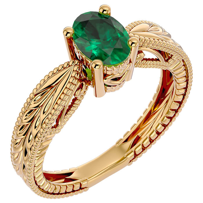 1 Carat Oval Shape Emerald Ring With Tapered Etched Band In 14 Karat Yellow Gold