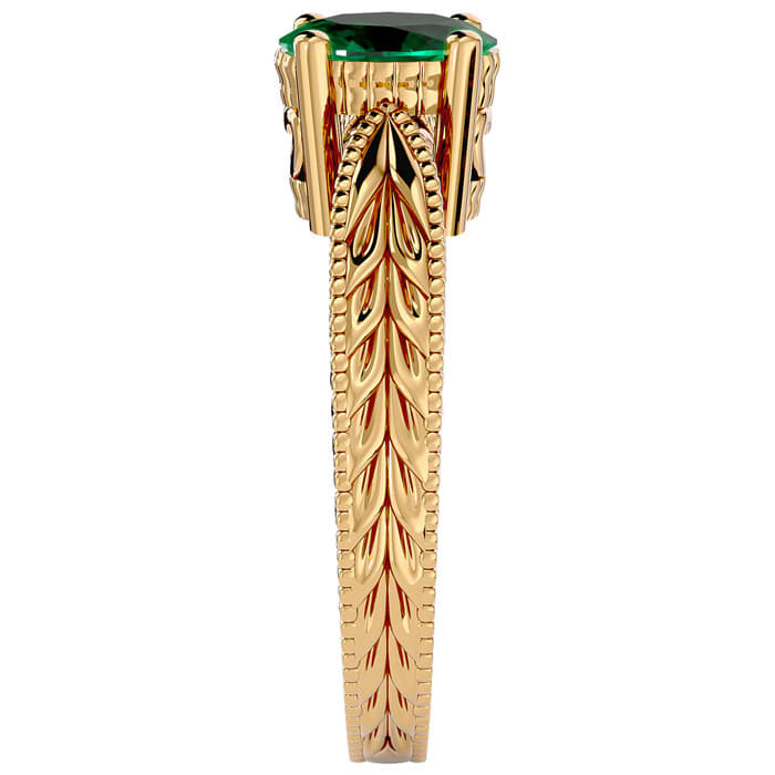 1 Carat Oval Shape Emerald Ring With Tapered Etched Band In 14 Karat Yellow Gold