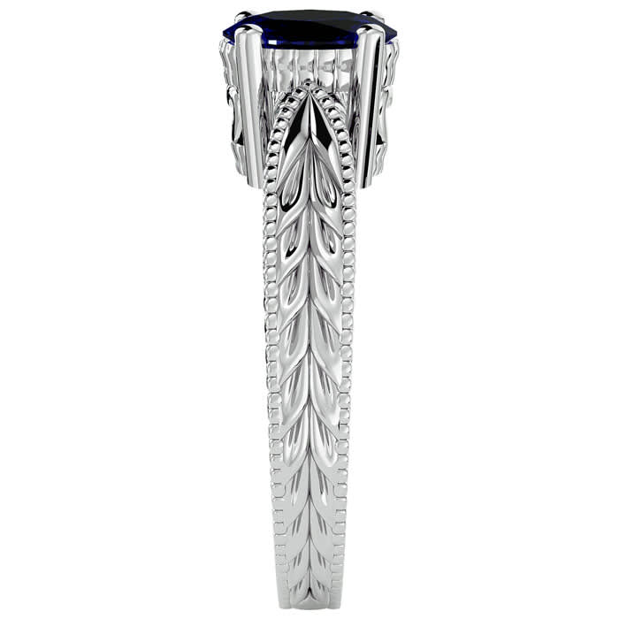 1 1/2 Carat Oval Shape Sapphire Ring With Tapered Etched Band In 14 Karat White Gold