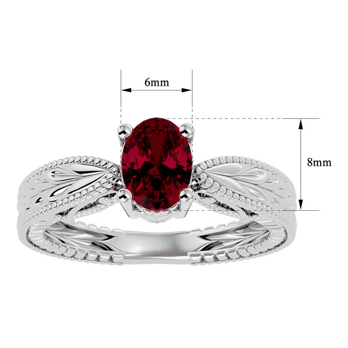 1 1/2 Carat Oval Shape Ruby Ring With Tapered Etched Band In 14 Karat White Gold
