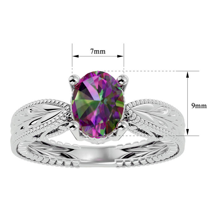 2 Carat Oval Shape Mystic Topaz Ring With Tapered Etched Band In 14 Karat White Gold