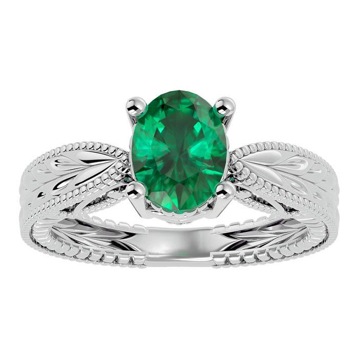 2 Carat Oval Shape Emerald Ring With Tapered Etched Band In 14 Karat White Gold