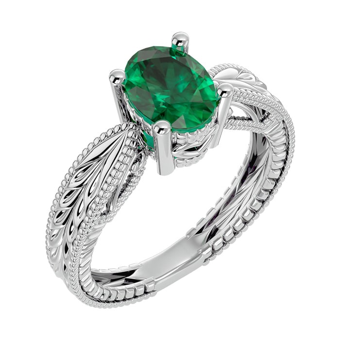 2 Carat Oval Shape Emerald Ring With Tapered Etched Band In 14 Karat White Gold