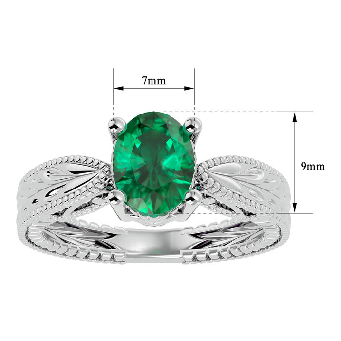 2 Carat Oval Shape Emerald Ring With Tapered Etched Band In 14 Karat White Gold