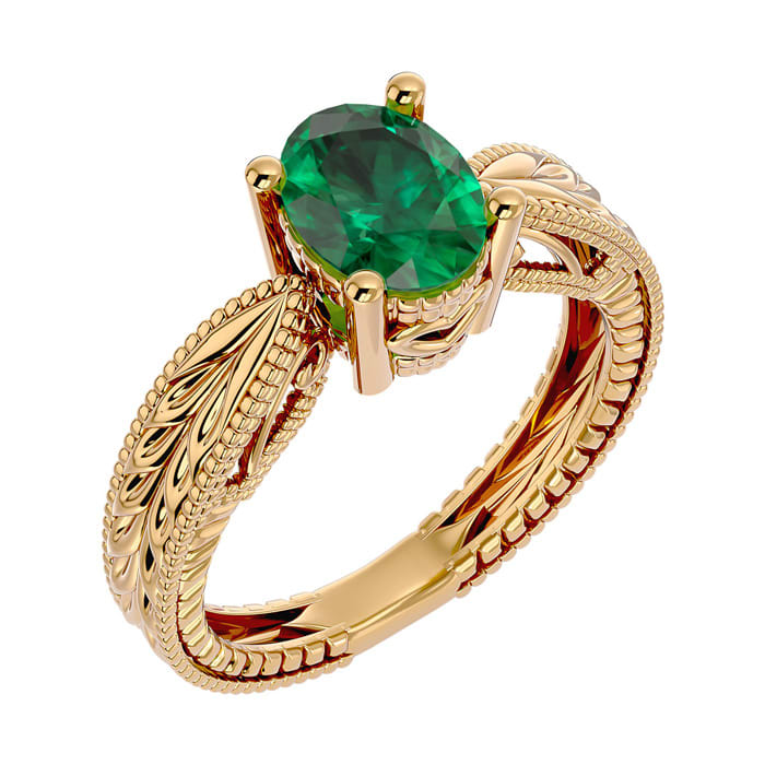 2 Carat Oval Shape Emerald Ring With Tapered Etched Band In 14 Karat Yellow Gold