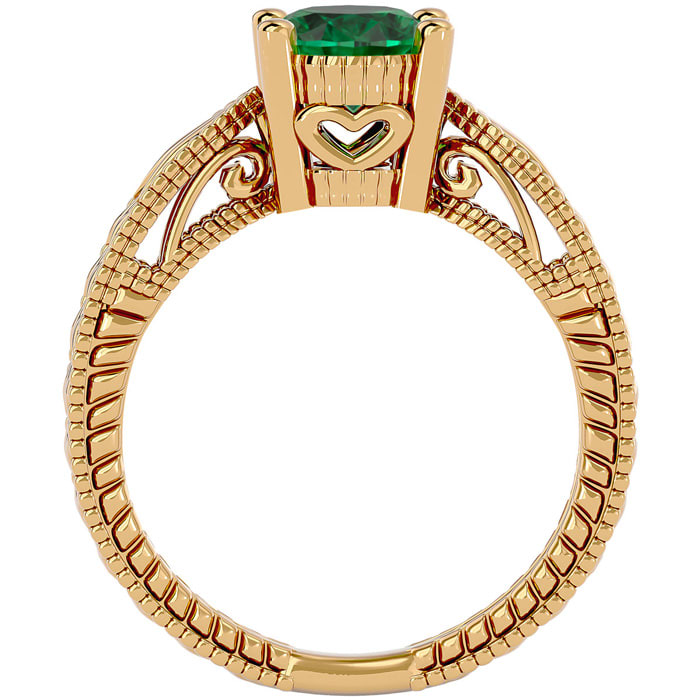 2 Carat Oval Shape Emerald Ring With Tapered Etched Band In 14 Karat Yellow Gold