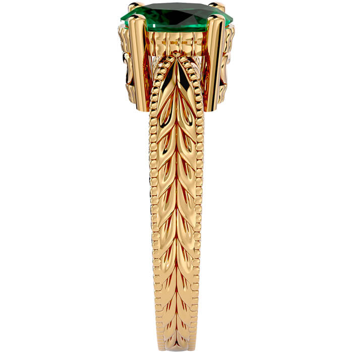 2 Carat Oval Shape Emerald Ring With Tapered Etched Band In 14 Karat Yellow Gold