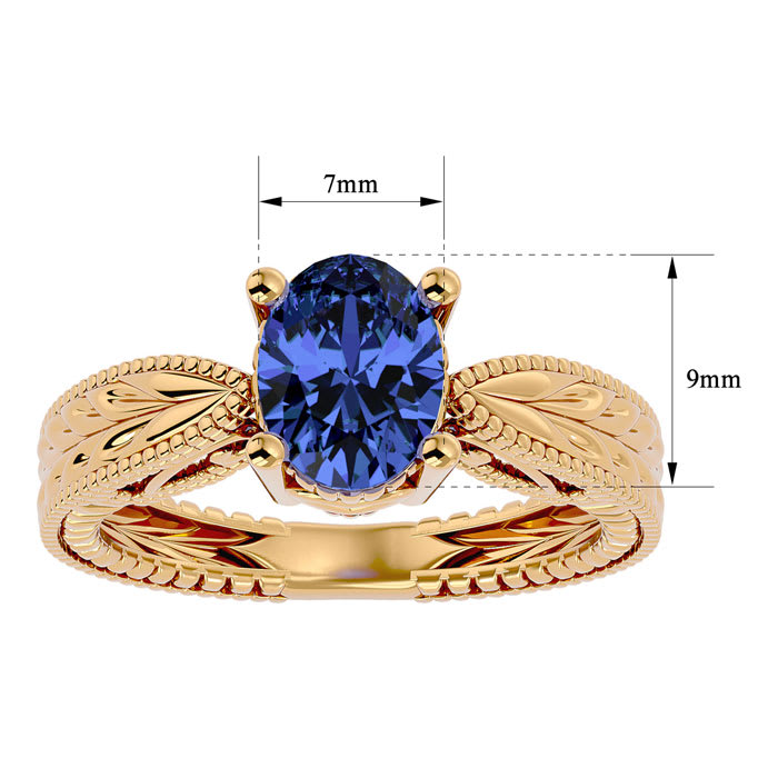 2 Carat Oval Shape Tanzanite Ring With Tapered Etched Band In 14 Karat Yellow Gold