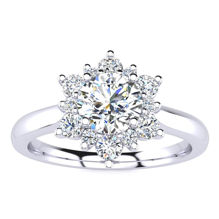 Moissanite Engagement Ring; 2 3/4 Carat Round Shape Flower Halo Moissanite Engagement Ring In 14 Karat White Gold
