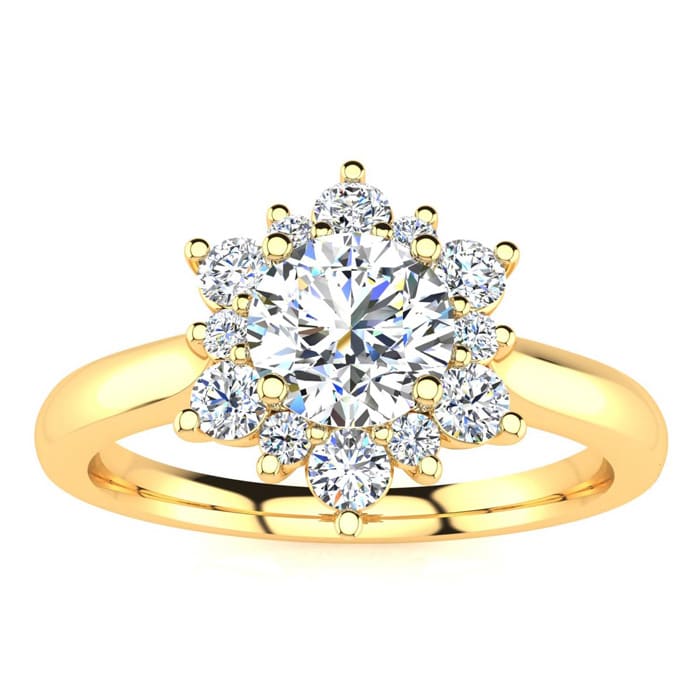 Moissanite Engagement Ring; 2 3/4 Carat Round Shape Flower Halo Moissanite Engagement Ring In 14 Karat Yellow Gold