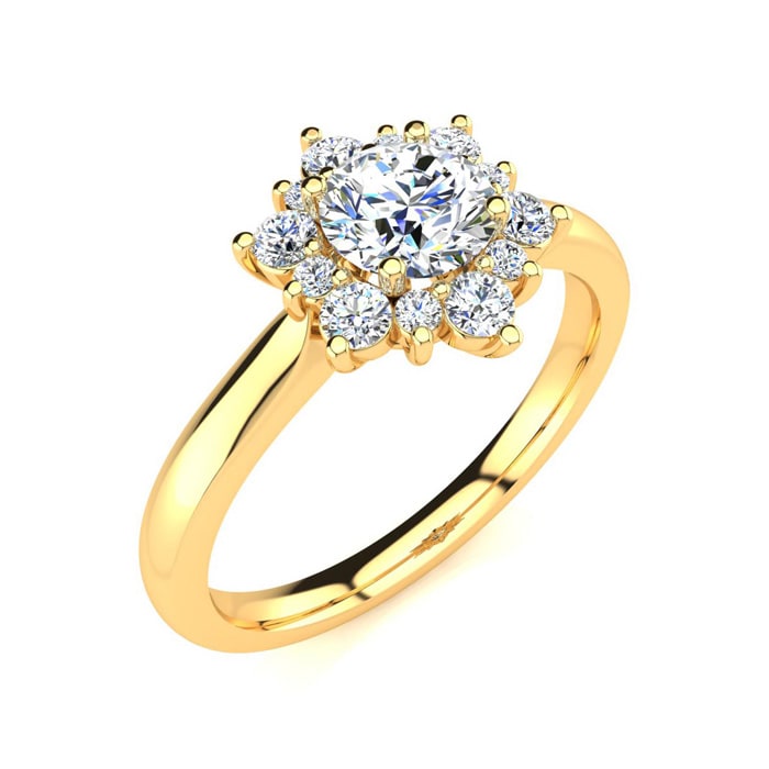 Moissanite Engagement Ring; 2 3/4 Carat Round Shape Flower Halo Moissanite Engagement Ring In 14 Karat Yellow Gold