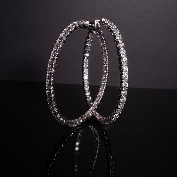 7 3/4 Carat Diamond Hoop Earrings In 14 Karat White Gold, 2 Inches