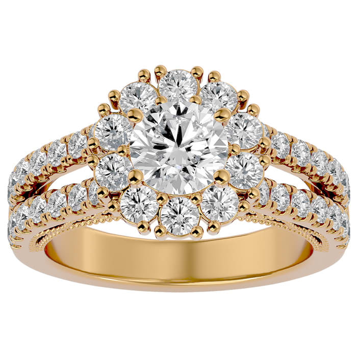 Moissanite Engagement Ring; 2 1/4 Carat Moissanite Halo Engagement Ring In 14 Karat Yellow Gold